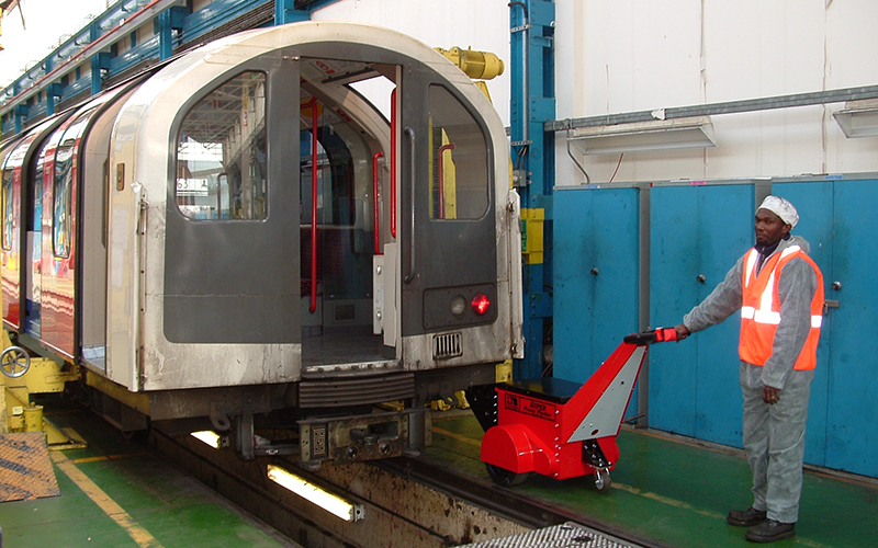 Super Power Pusher, with custom attachment, pushing 180,000Kg rolling stock at London Underground maintenance depot