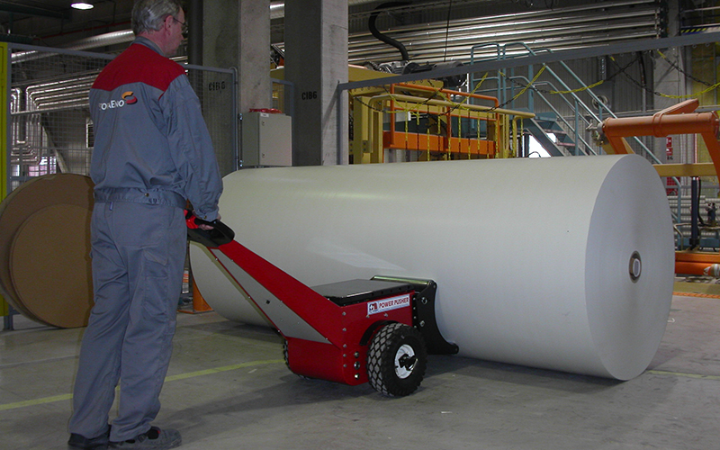 Power Pusher (paper reel pusher) pushing 5,000Kg paper rolls for Stora Enso Kvarnsveden