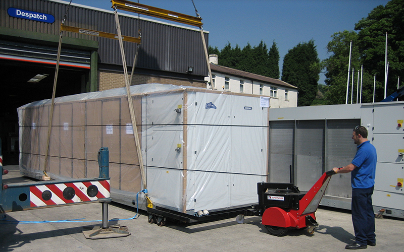 Super Power Pusher, with Steering Arm, moving 7,000Kg chiller units at Airedale Air Conditioning
